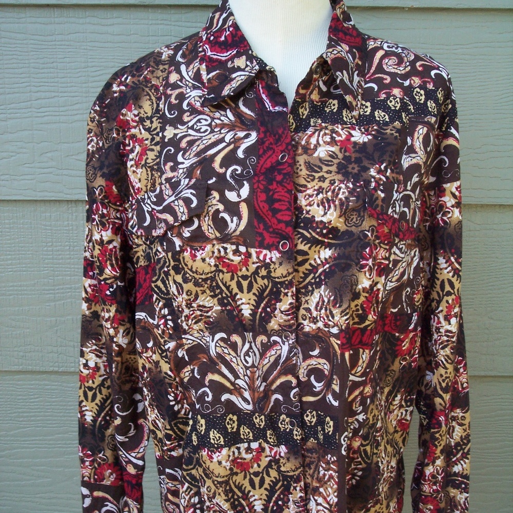 Chicos Shirt Sz L 2 Brown Red Floral Front Snaps